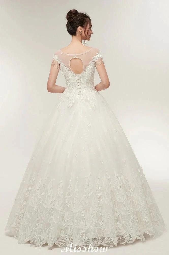 Cap Sleeves A-line Scoop Floor Length Lace Appliques Wedding Dresses - Image 2