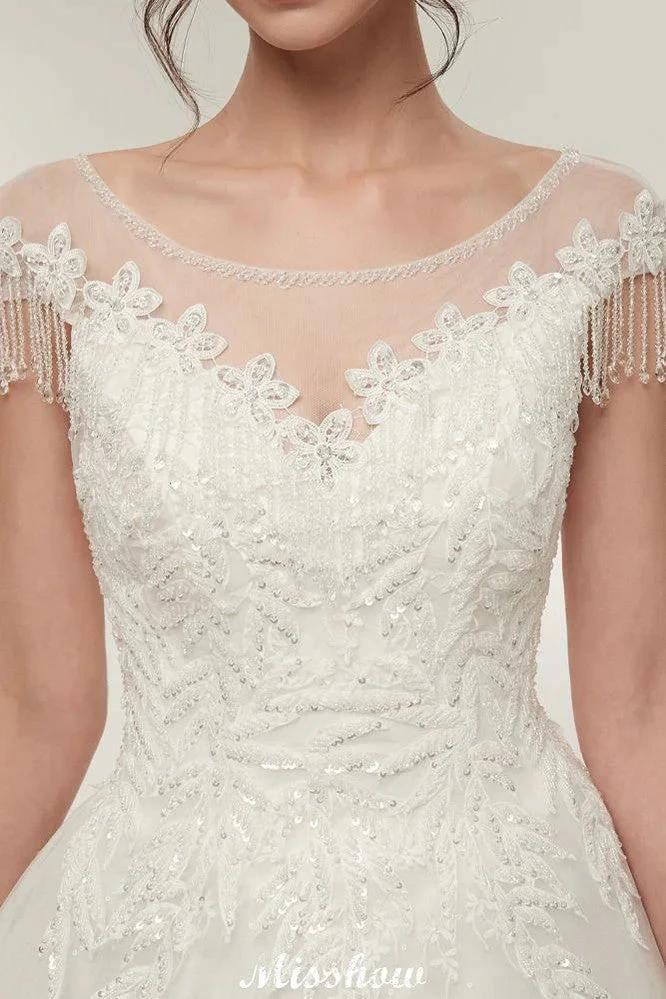 Cap Sleeves A-line Scoop Floor Length Lace Appliques Wedding Dresses - Image 3