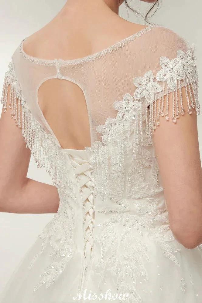 Cap Sleeves A-line Scoop Floor Length Lace Appliques Wedding Dresses - Image 4
