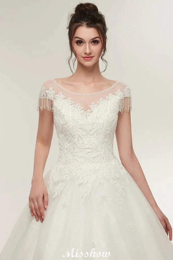 Cap Sleeves A-line Scoop Floor Length Lace Appliques Wedding Dresses - Image 6