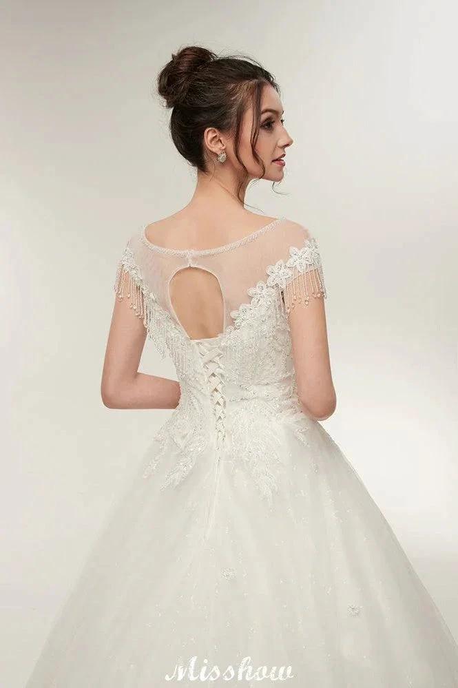Cap Sleeves A-line Scoop Floor Length Lace Appliques Wedding Dresses - Image 7