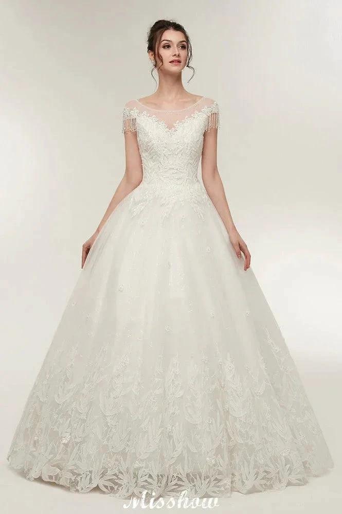 Cap Sleeves A-line Scoop Floor Length Lace Appliques Wedding Dresses - Image 8