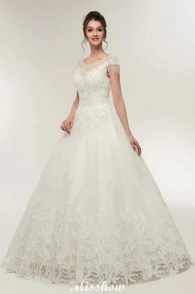 Cap Sleeves A-line Scoop Floor Length Lace Appliques Wedding Dresses - Image 9