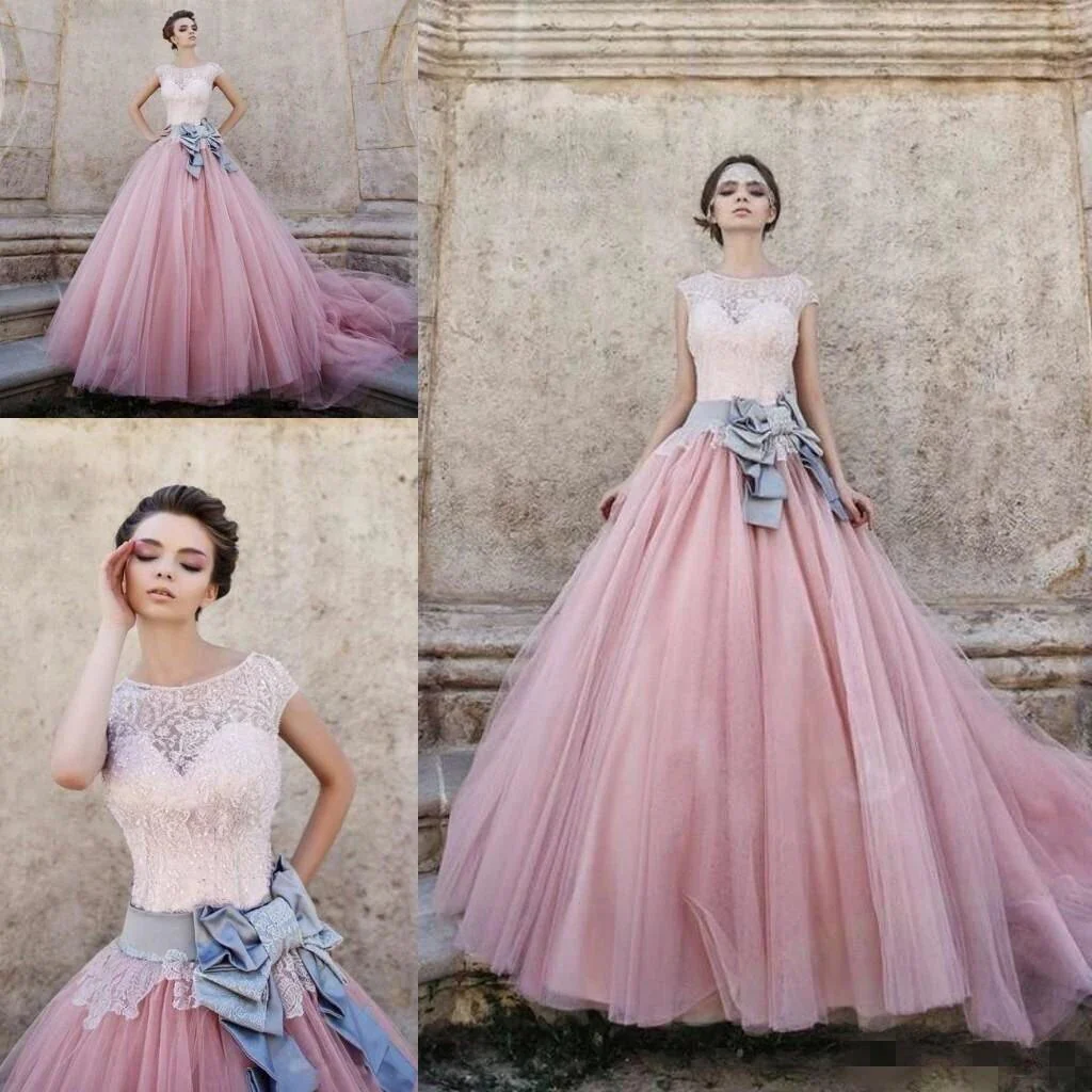Cap Sleeves Ball-Gown Lace Bowknot Pink  Tulle Wedding Dresses WD074 - Image 2