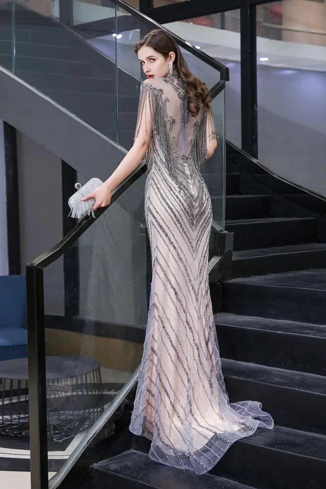 Cap Sleeves High Neck Sparkly Beads Floor-Length Mermaid Evening Party Gown - Image 2