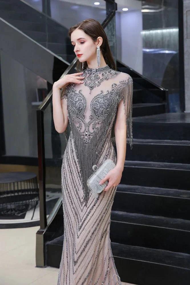 Cap Sleeves High Neck Sparkly Beads Floor-Length Mermaid Evening Party Gown - Image 3