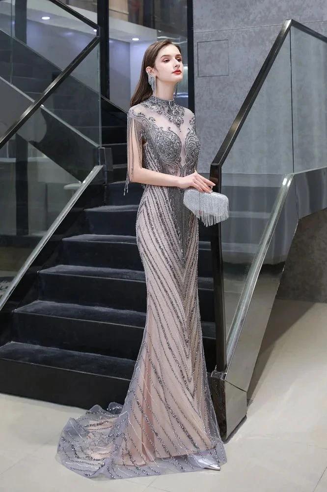 Cap Sleeves High Neck Sparkly Beads Floor-Length Mermaid Evening Party Gown - Image 4
