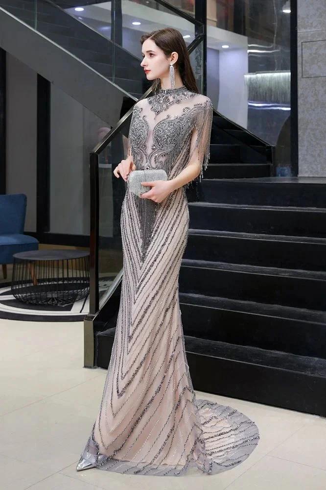 Cap Sleeves High Neck Sparkly Beads Floor-Length Mermaid Evening Party Gown - Image 7