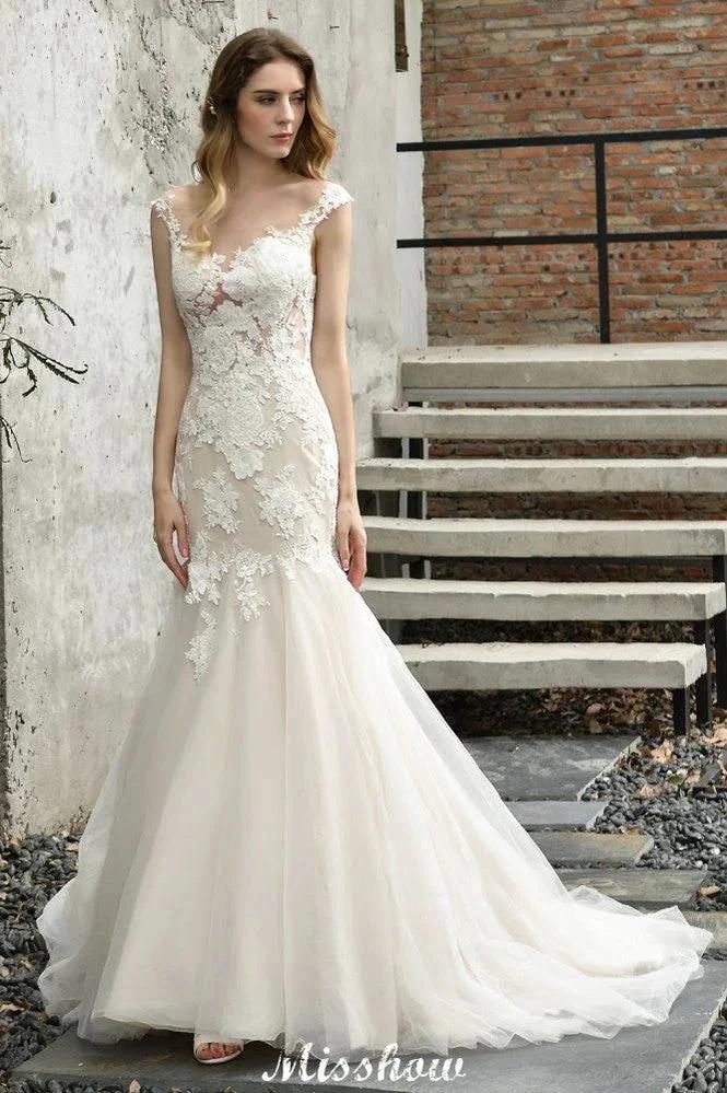 Cap Sleeves Lace Mermaid Wedding Dress White/Ivory Floral Garden Bridal Gown - Image 2