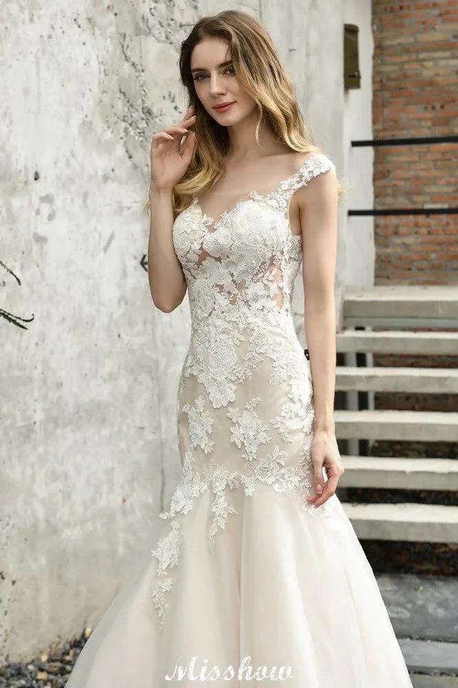 Cap Sleeves Lace Mermaid Wedding Dress White/Ivory Floral Garden Bridal Gown - Image 3