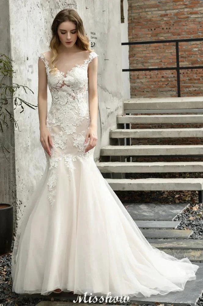 Cap Sleeves Lace Mermaid Wedding Dress White/Ivory Floral Garden Bridal Gown - Image 4