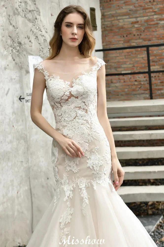 Cap Sleeves Lace Mermaid Wedding Dress White/Ivory Floral Garden Bridal Gown - Image 5