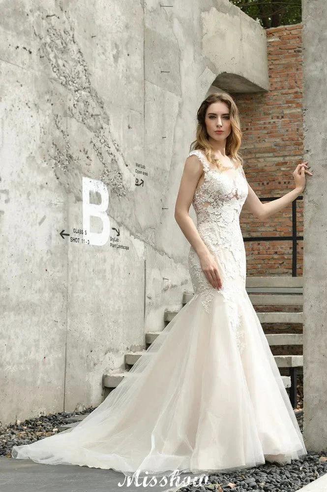 Cap Sleeves Lace Mermaid Wedding Dress White/Ivory Floral Garden Bridal Gown - Image 6