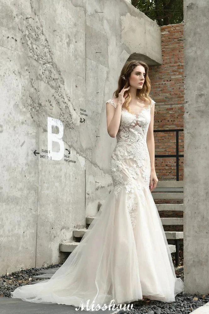 Cap Sleeves Lace Mermaid Wedding Dress White/Ivory Floral Garden Bridal Gown - Image 7
