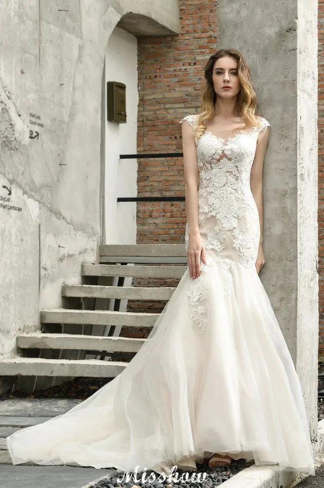 Cap Sleeves Lace Mermaid Wedding Dress White/Ivory Floral Garden Bridal Gown - Image 8