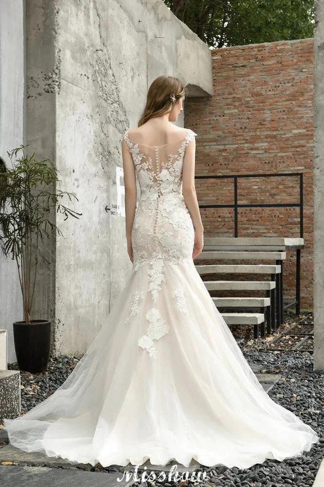 Cap Sleeves Lace Mermaid Wedding Dress White/Ivory Floral Garden Bridal Gown - Image 9