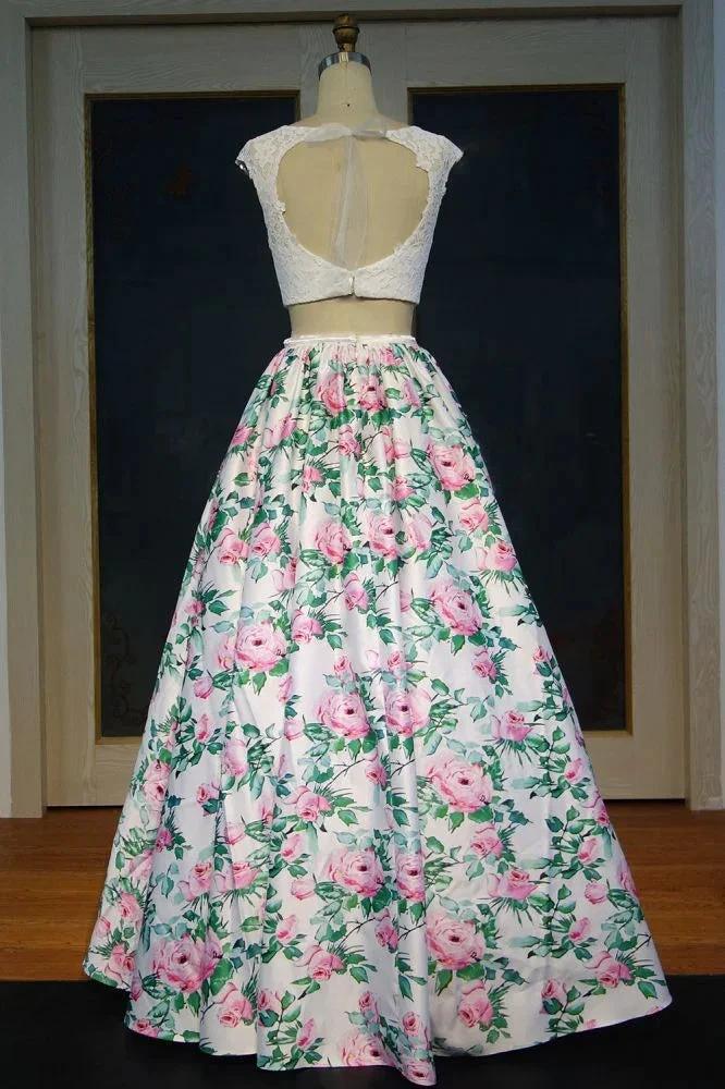 Cap Sleeves Lace Top A-line Two-piece Printed Flowers Prom Dresses - Image 2