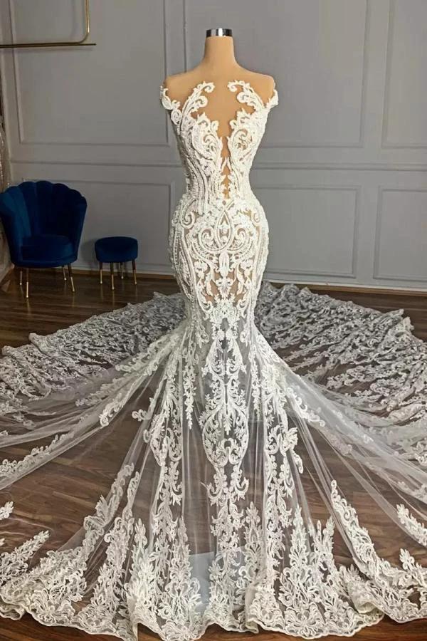 Luxury Mermaid Jewel Neck Tulle Long Beading Wedding Dress with Appliques Lace - Image 2