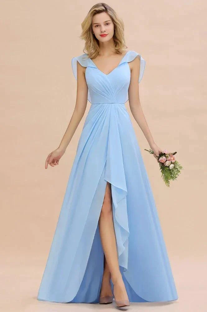 Cap Sleeves Ruffle Chiffon Hi-Lo Bridesmaid Dress A-line Wedding Party Dress - Image 2