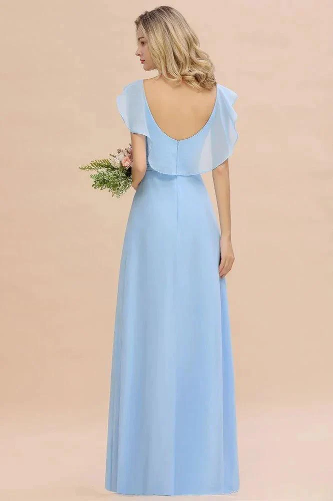 Cap Sleeves Ruffle Chiffon Hi-Lo Bridesmaid Dress A-line Wedding Party Dress - Image 3