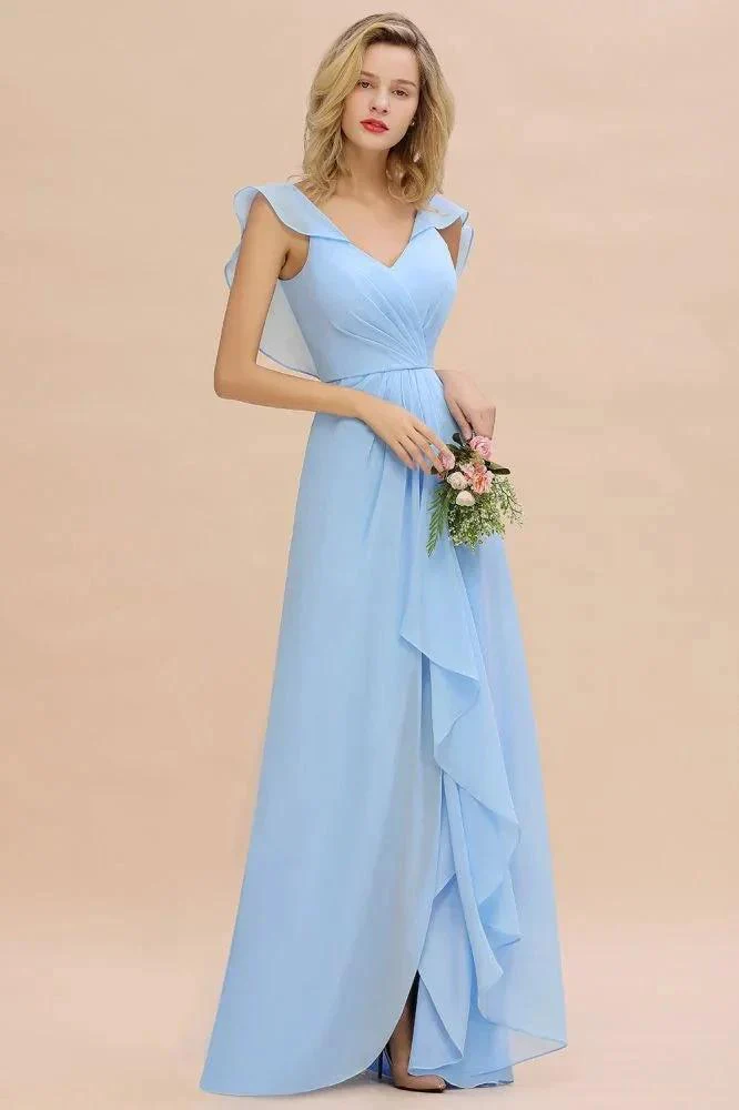 Cap Sleeves Ruffle Chiffon Hi-Lo Bridesmaid Dress A-line Wedding Party Dress - Image 4