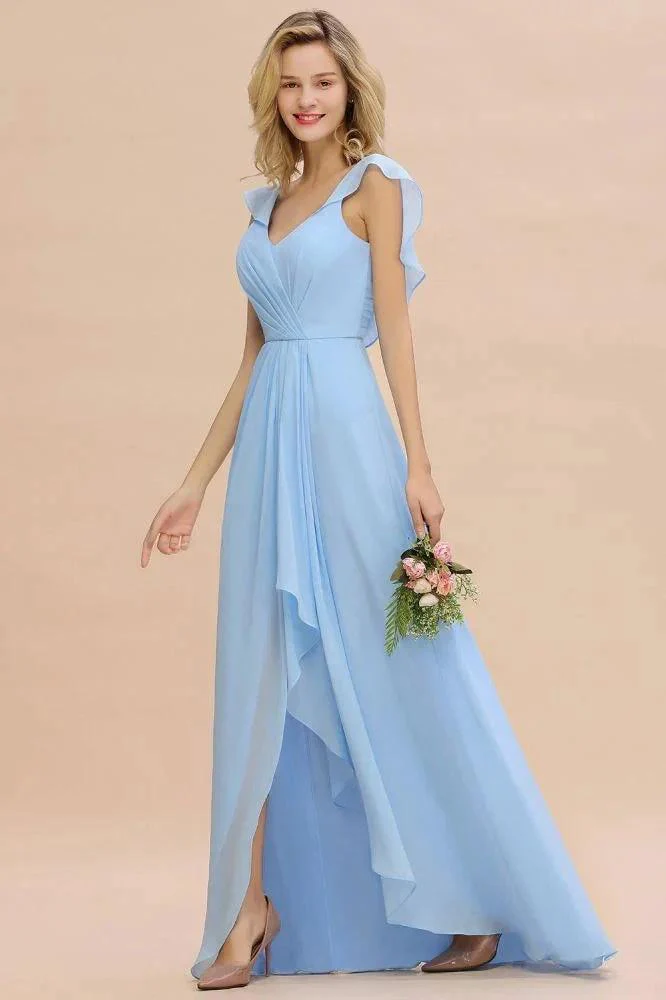 Cap Sleeves Ruffle Chiffon Hi-Lo Bridesmaid Dress A-line Wedding Party Dress - Image 5