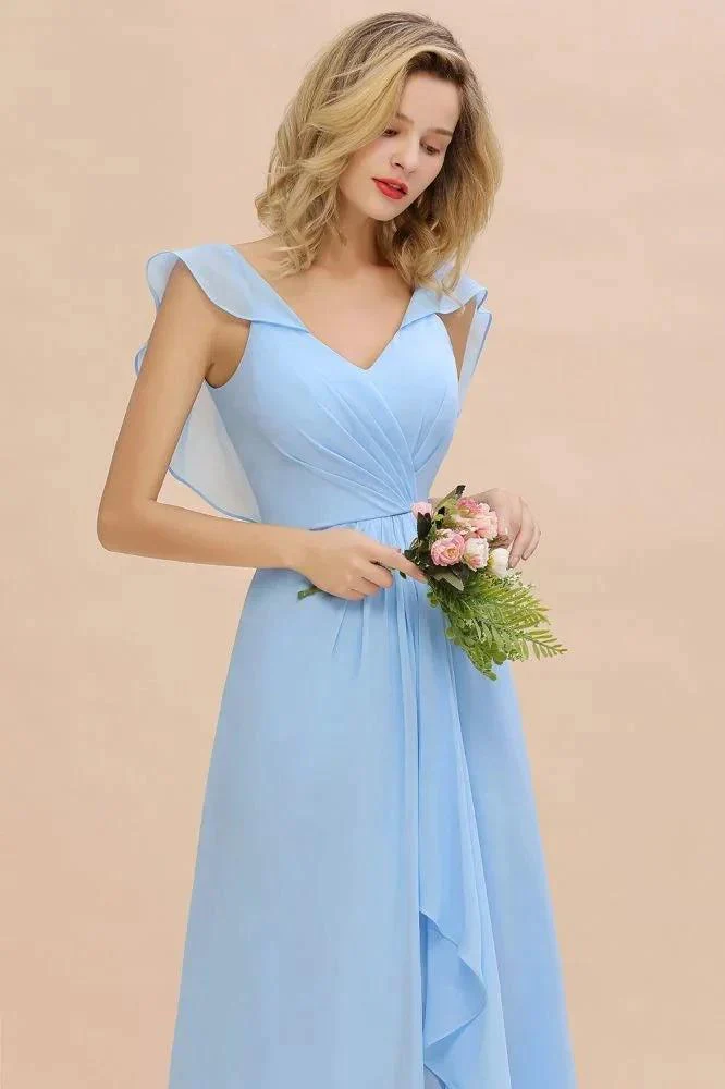 Cap Sleeves Ruffle Chiffon Hi-Lo Bridesmaid Dress A-line Wedding Party Dress - Image 6