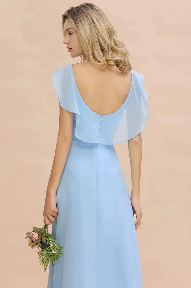 Cap Sleeves Ruffle Chiffon Hi-Lo Bridesmaid Dress A-line Wedding Party Dress - Image 7