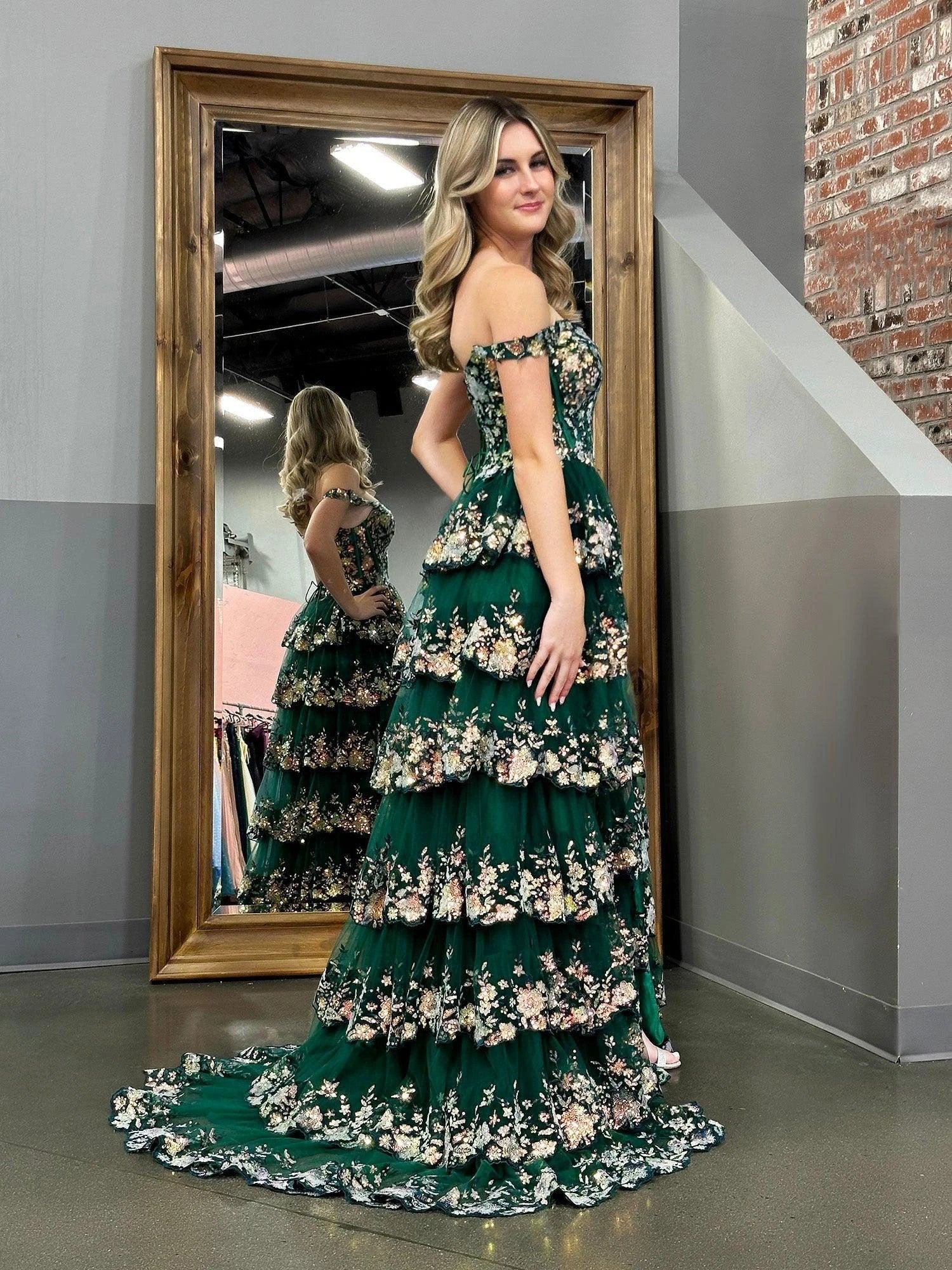 Capri | Green Crystal Sequins Princess A Line Off the Shoulder Prom Dress with Lace Ruffles - Image 2