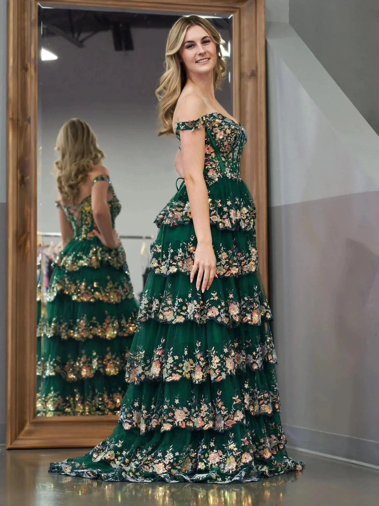 Capri | Green Crystal Sequins Princess A Line Off the Shoulder Prom Dress with Lace Ruffles - Image 3