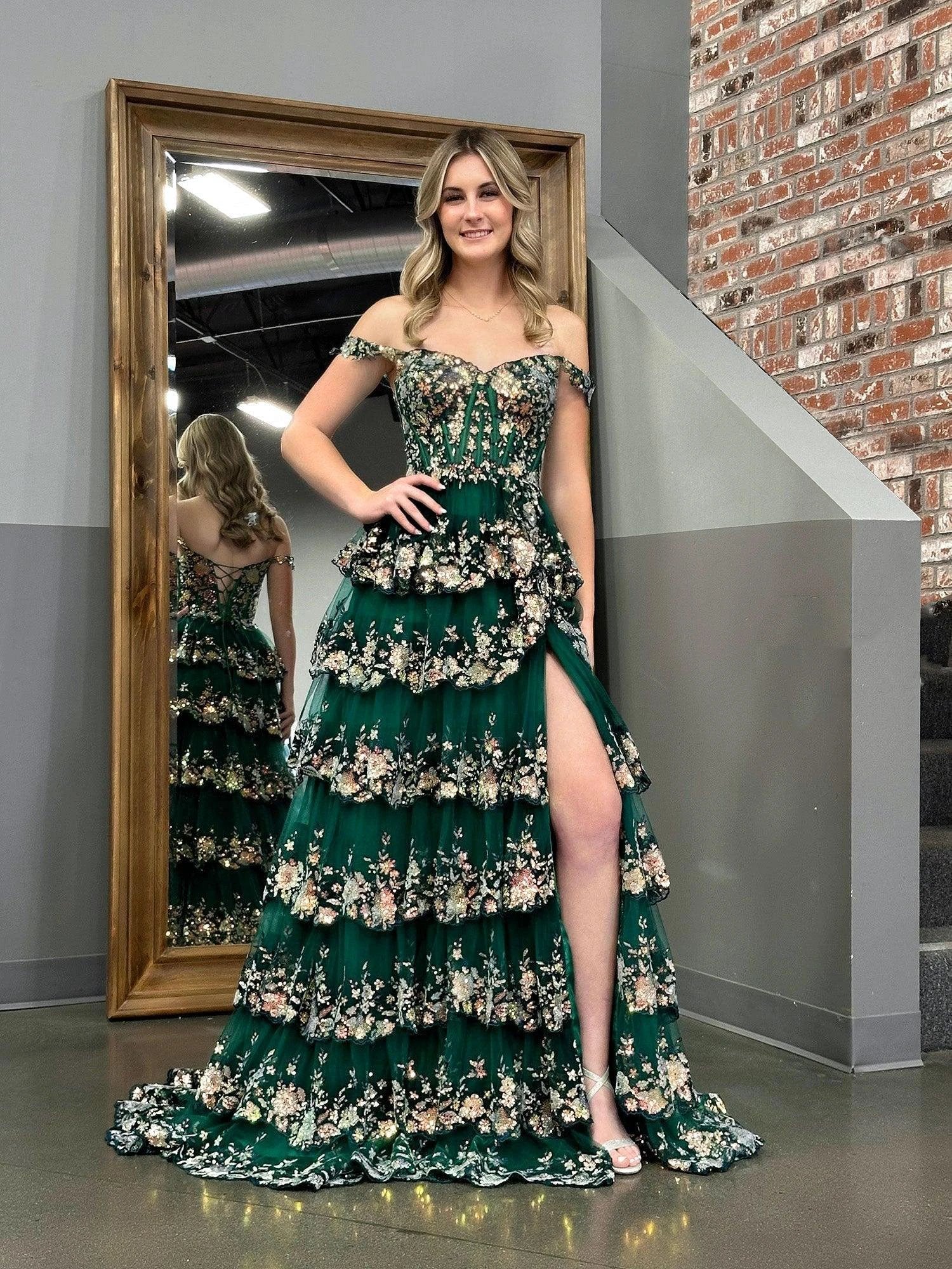 Capri | Green Crystal Sequins Princess A Line Off the Shoulder Prom Dress with Lace Ruffles - Image 5