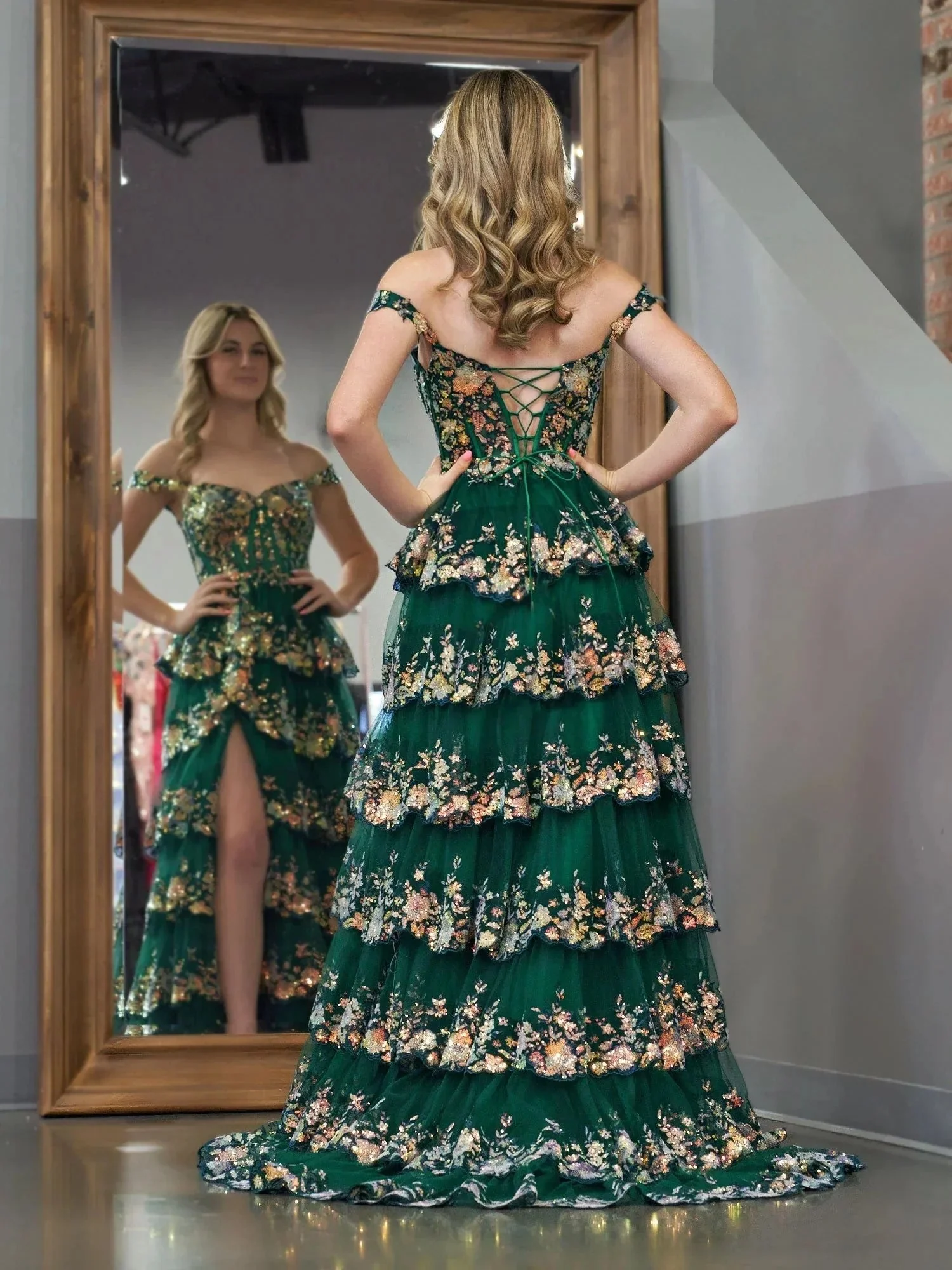 Capri | Green Crystal Sequins Princess A Line Off the Shoulder Prom Dress with Lace Ruffles - Image 7