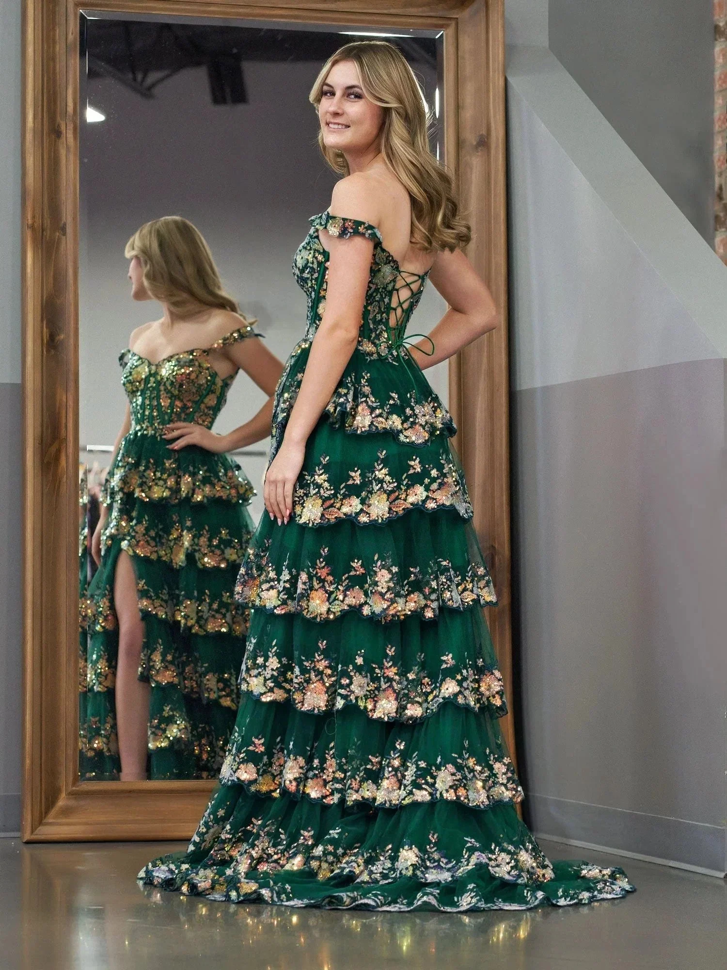 Capri | Green Crystal Sequins Princess A Line Off the Shoulder Prom Dress with Lace Ruffles - Image 8