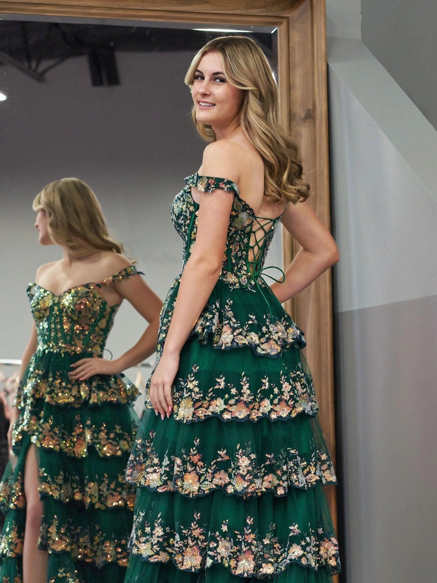 Capri | Green Crystal Sequins Princess A Line Off the Shoulder Prom Dress with Lace Ruffles - Image 9