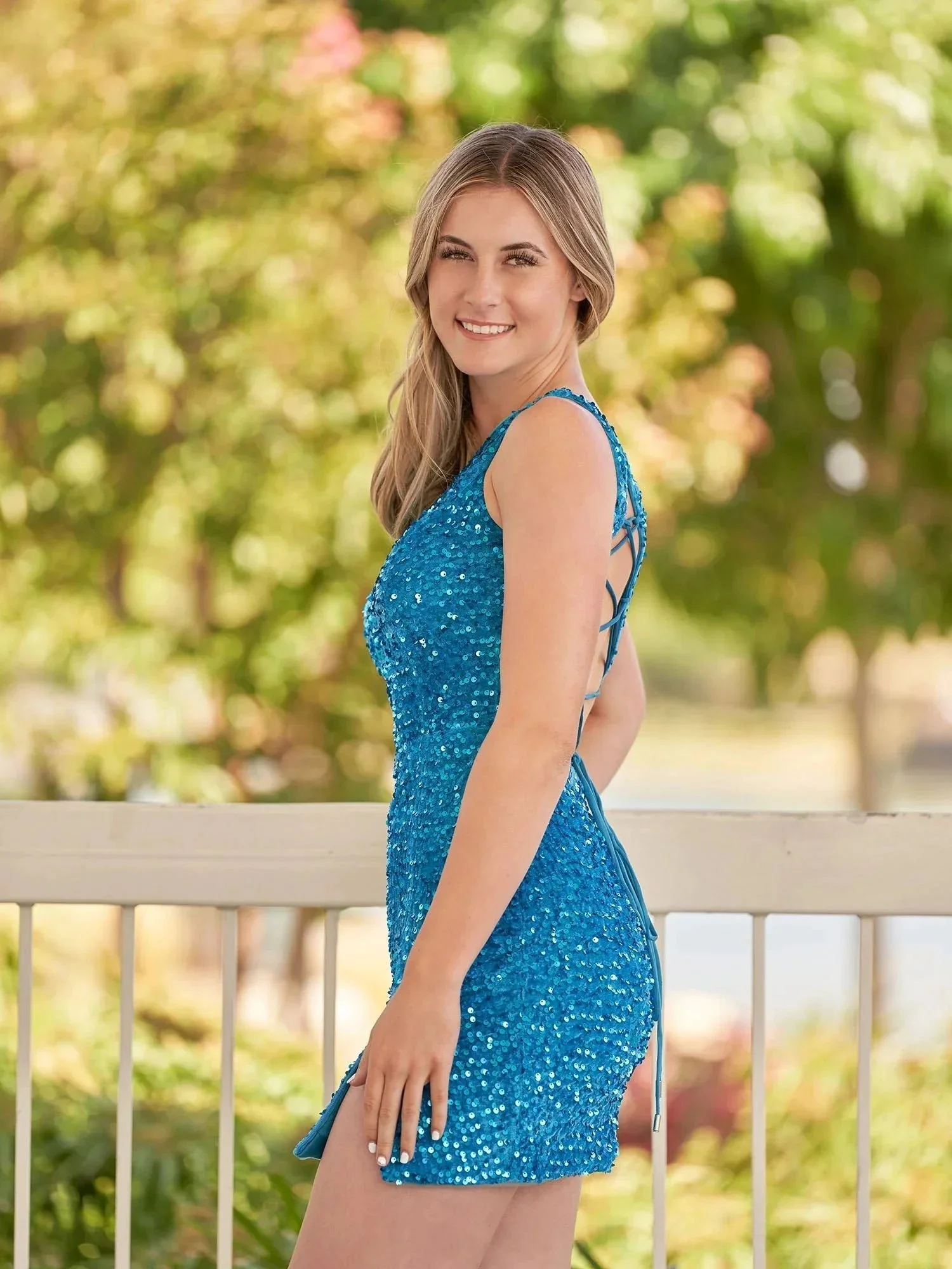 Sheath One Shoulder Blue Sequin Homecoming Dress With Slit - Image 4