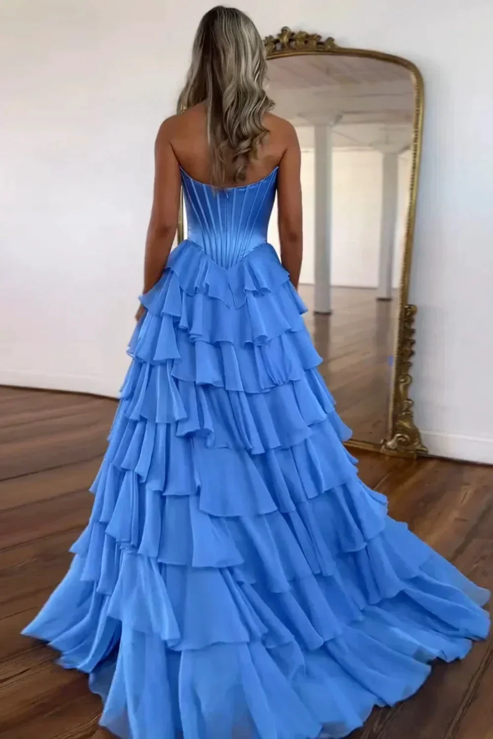 Cathy Strapless Tiered Ruffles A-line Prom Dress A-line Side Split vestidos de noiva Customized Zip Back Chiffon Evening Gown - Image 2