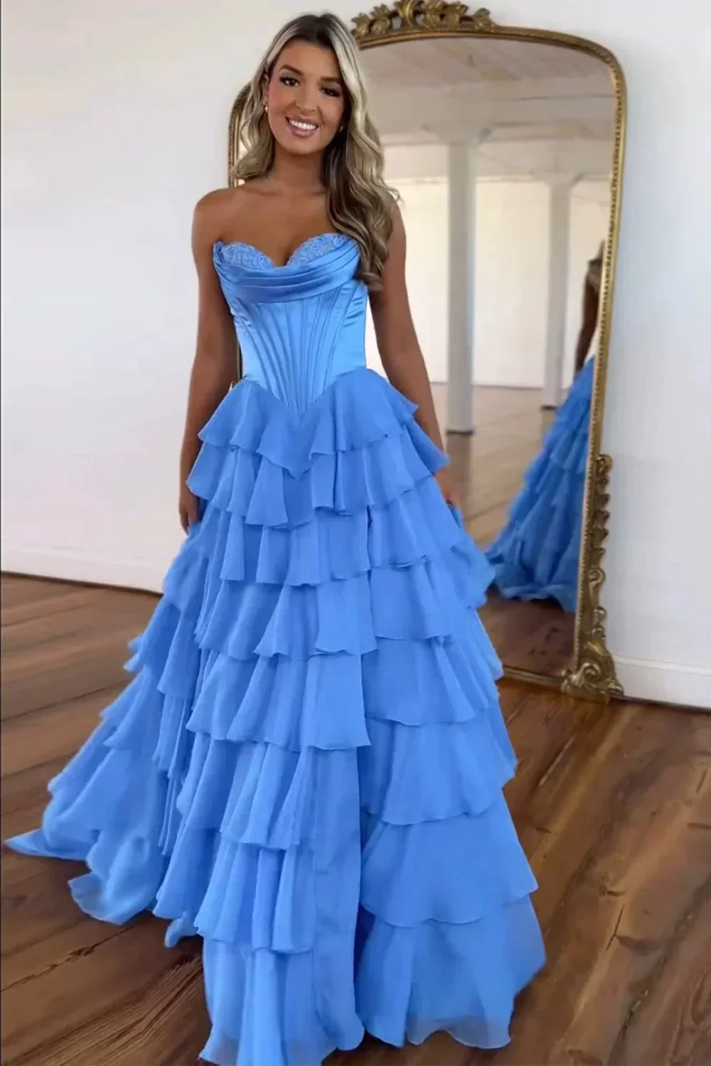 Cathy Strapless Tiered Ruffles A-line Prom Dress A-line Side Split vestidos de noiva Customized Zip Back Chiffon Evening Gown - Image 3