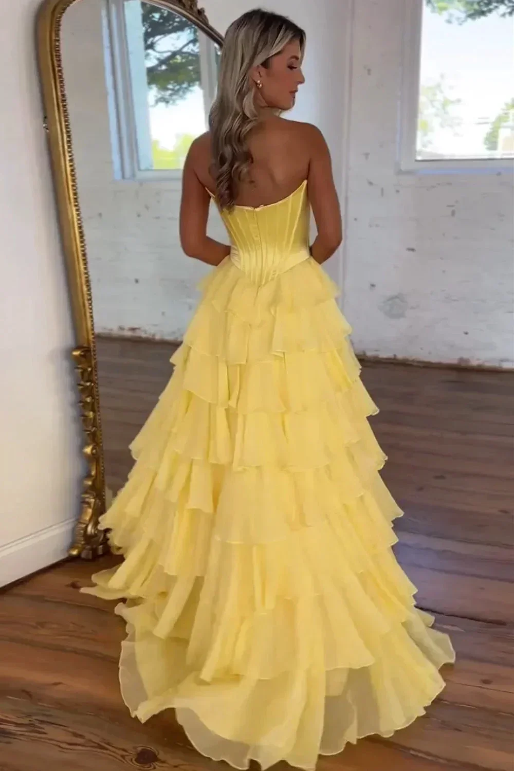Cathy Strapless Tiered Ruffles A-line Prom Dress A-line Side Split vestidos de noiva Customized Zip Back Chiffon Evening Gown - Image 5