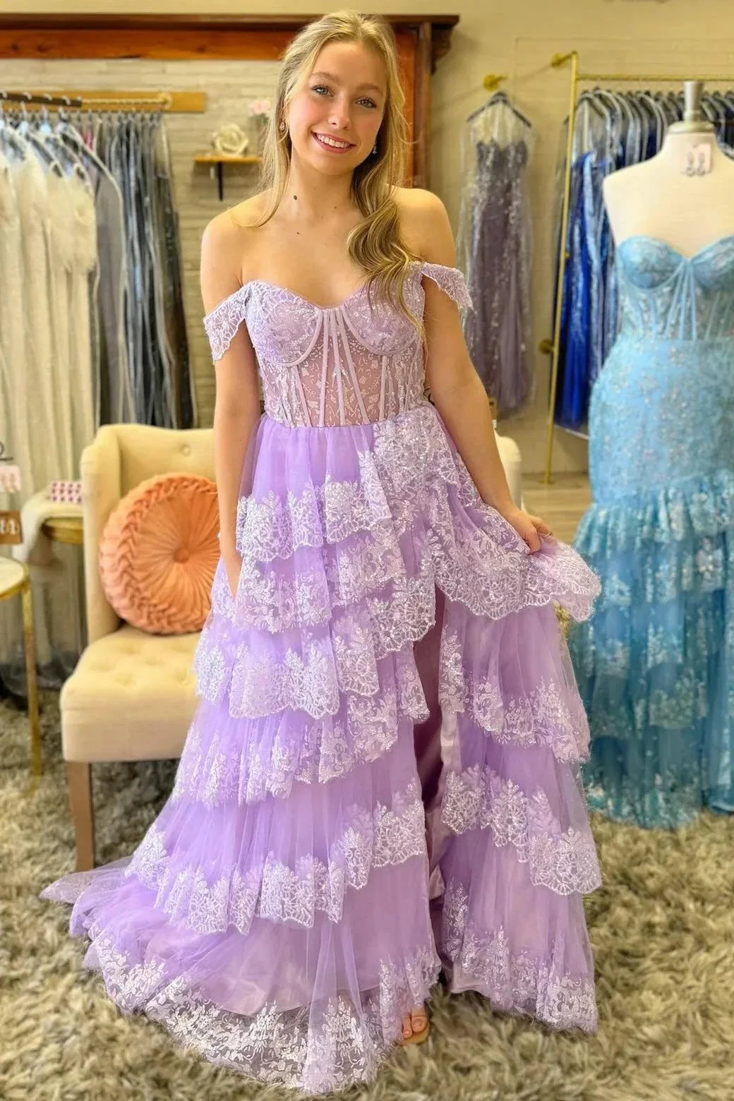Ceryn | Pink Sequin Appliques Off-the-Shoulder Ruffle Tiered Long Gown - Image 10