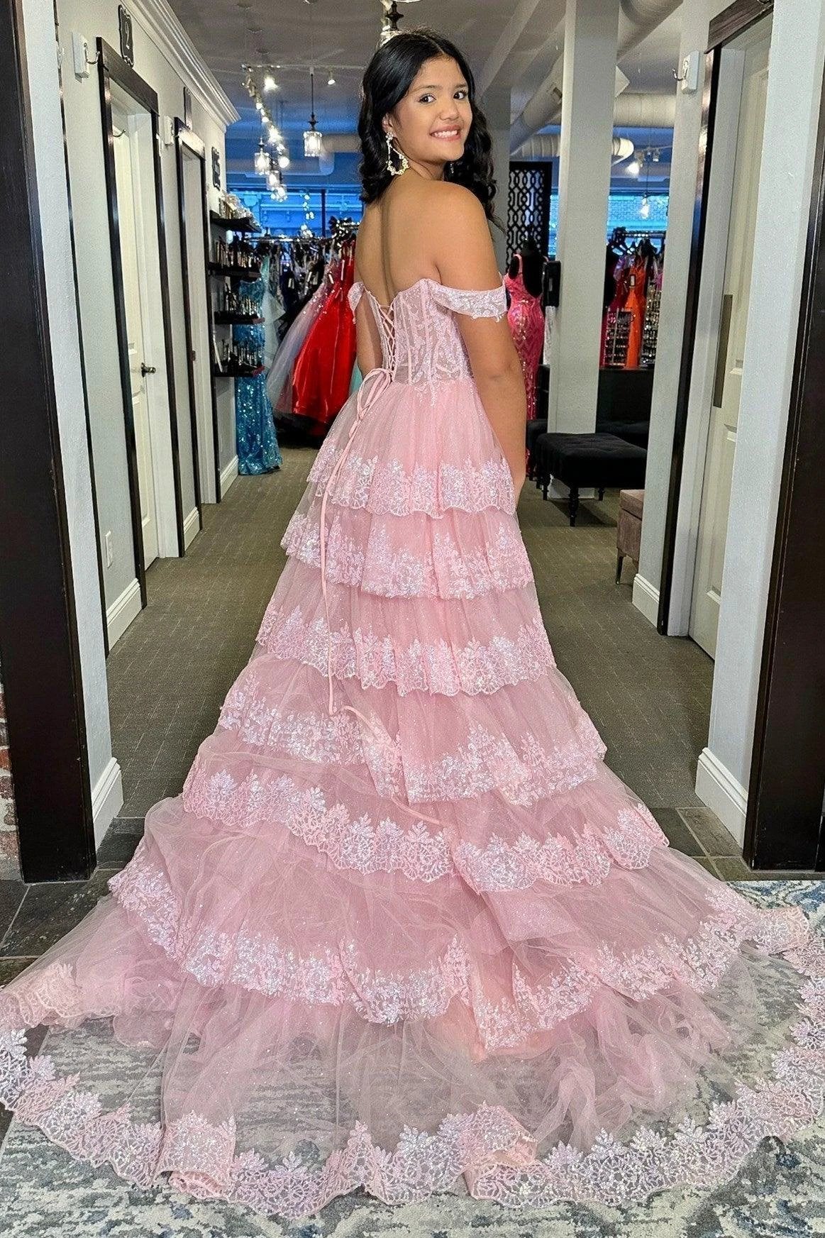 Ceryn | Pink Sequin Appliques Off-the-Shoulder Ruffle Tiered Long Gown - Image 2
