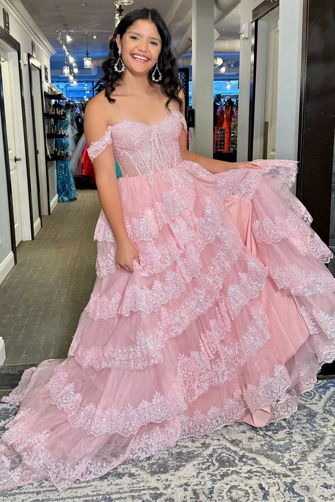 Ceryn | Pink Sequin Appliques Off-the-Shoulder Ruffle Tiered Long Gown - Image 3