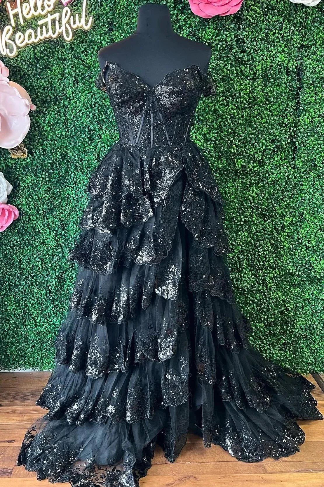 Ceryn | Pink Sequin Appliques Off-the-Shoulder Ruffle Tiered Long Gown - Image 5