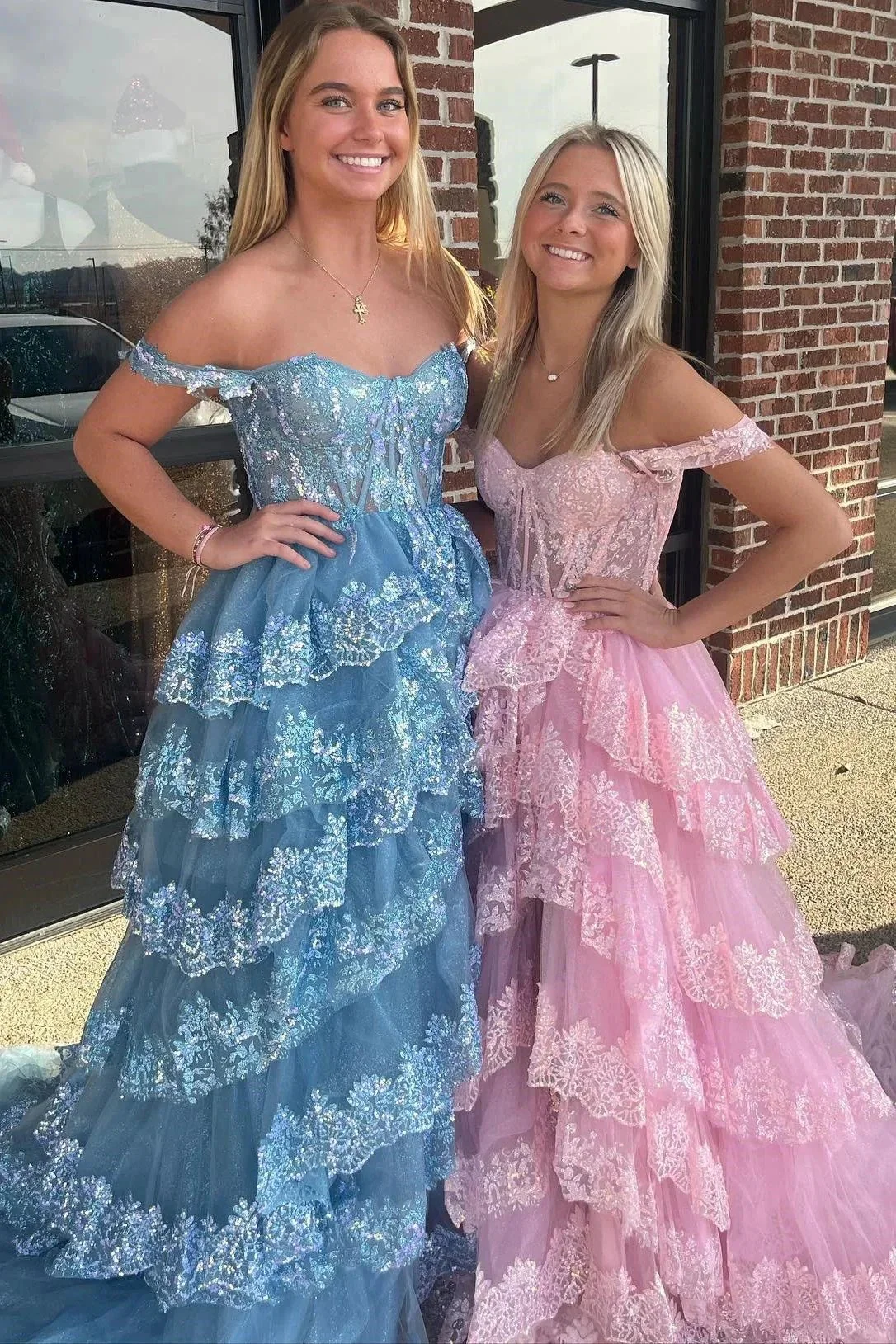 Ceryn | Pink Sequin Appliques Off-the-Shoulder Ruffle Tiered Long Gown - Image 6