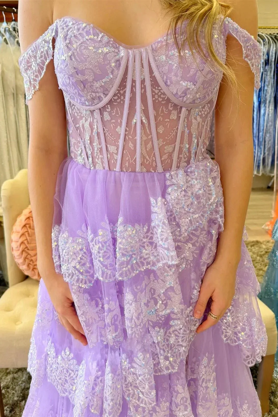 Ceryn | Pink Sequin Appliques Off-the-Shoulder Ruffle Tiered Long Gown - Image 8