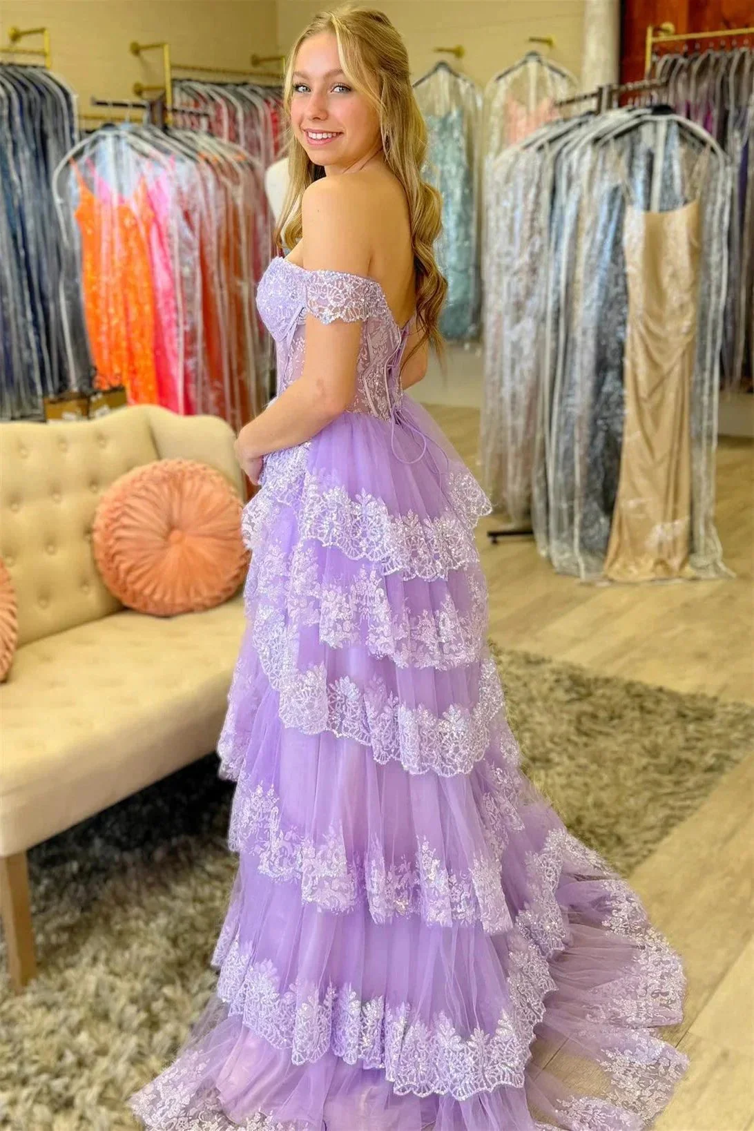 Ceryn | Pink Sequin Appliques Off-the-Shoulder Ruffle Tiered Long Gown - Image 9
