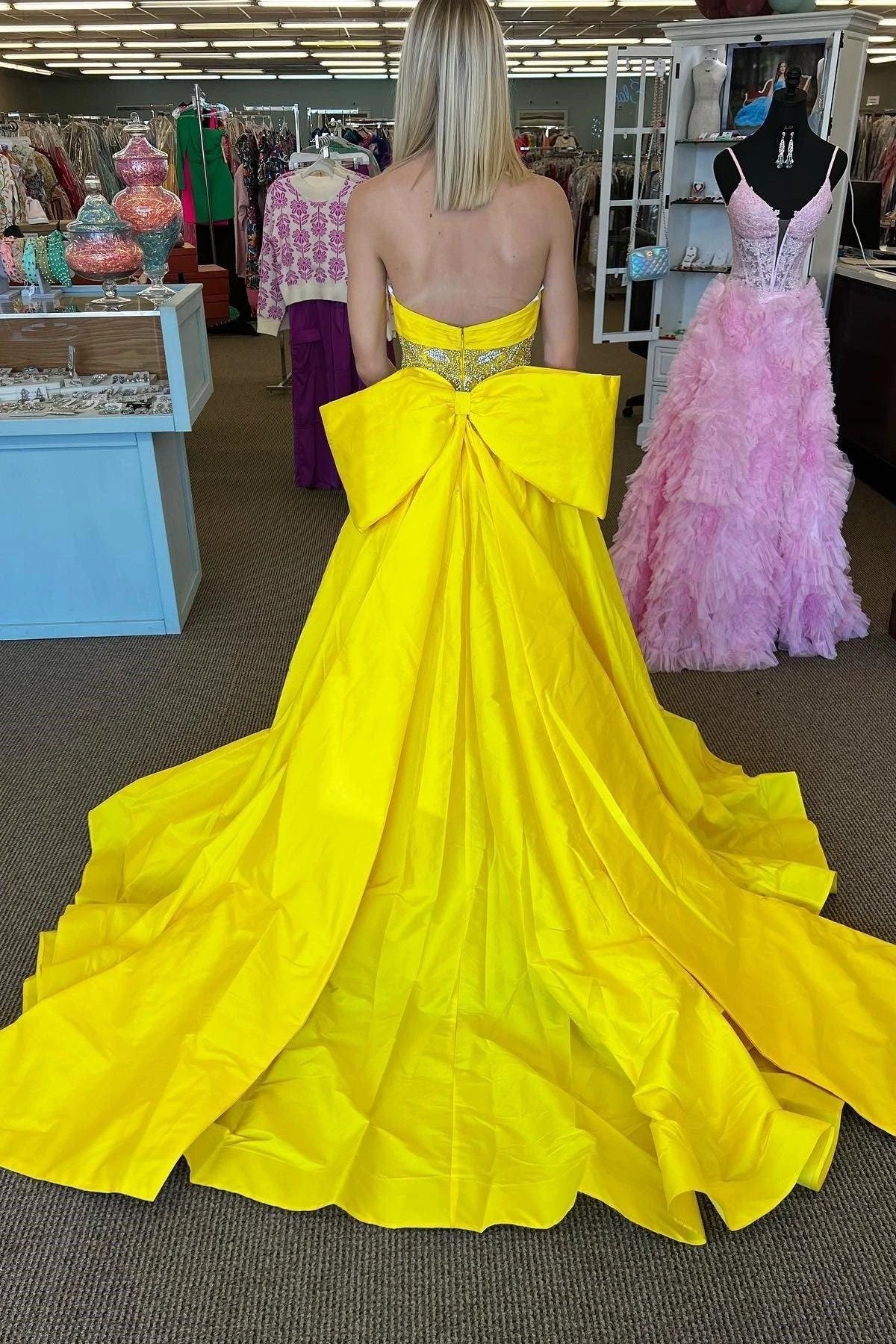 Chad | Yellow Strapless Beaded Waist Bow Back Long Gown - Image 2