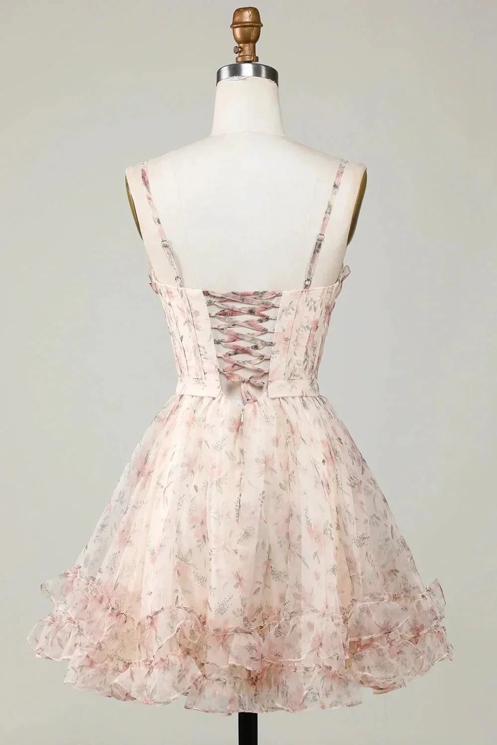 Champagne A-Line Corset Floral Short Homecoming Dress with Lace Up Back - Image 2