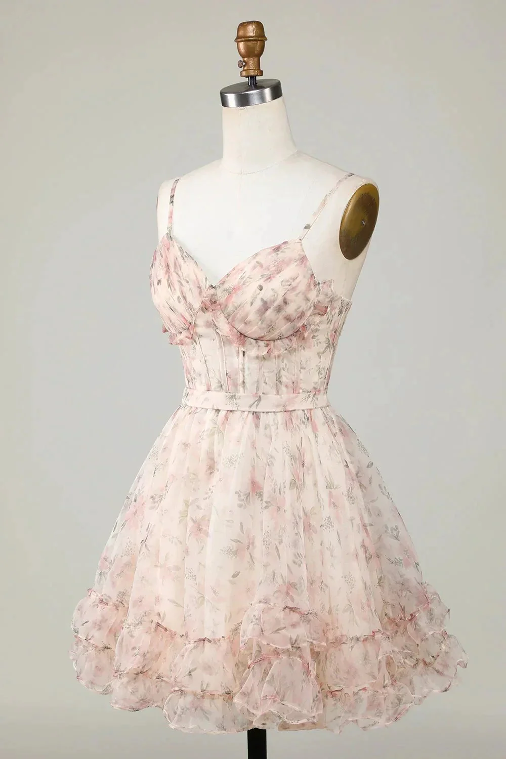 Champagne A-Line Corset Floral Short Homecoming Dress with Lace Up Back - Image 3