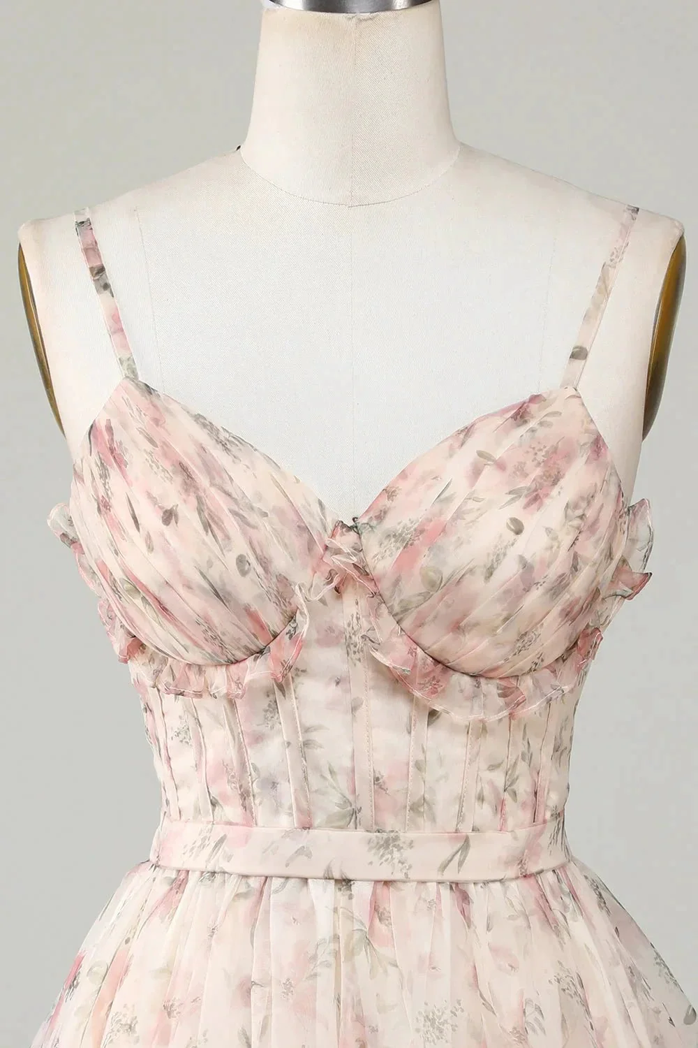 Champagne A-Line Corset Floral Short Homecoming Dress with Lace Up Back - Image 4