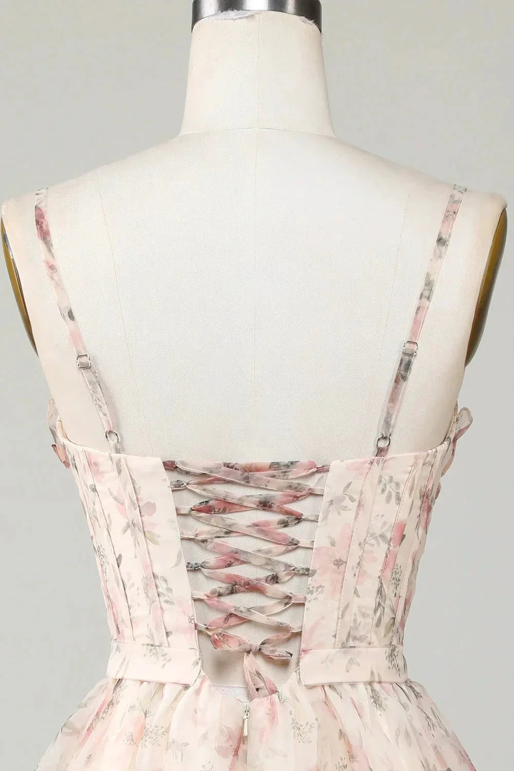 Champagne A-Line Corset Floral Short Homecoming Dress with Lace Up Back - Image 5